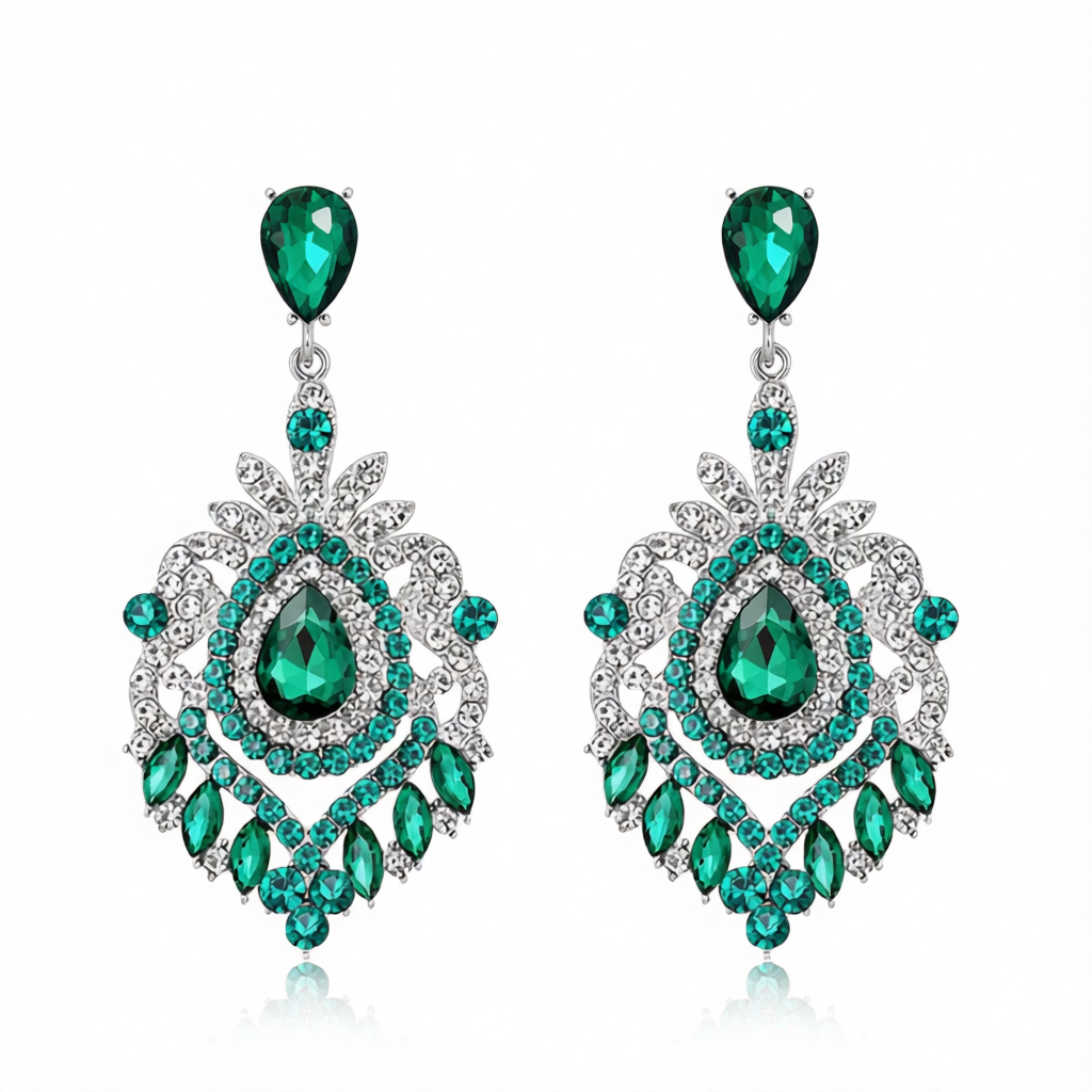 Green Crystal & Cubic Zirconia Silver-Plated Botanical Drop Earrings