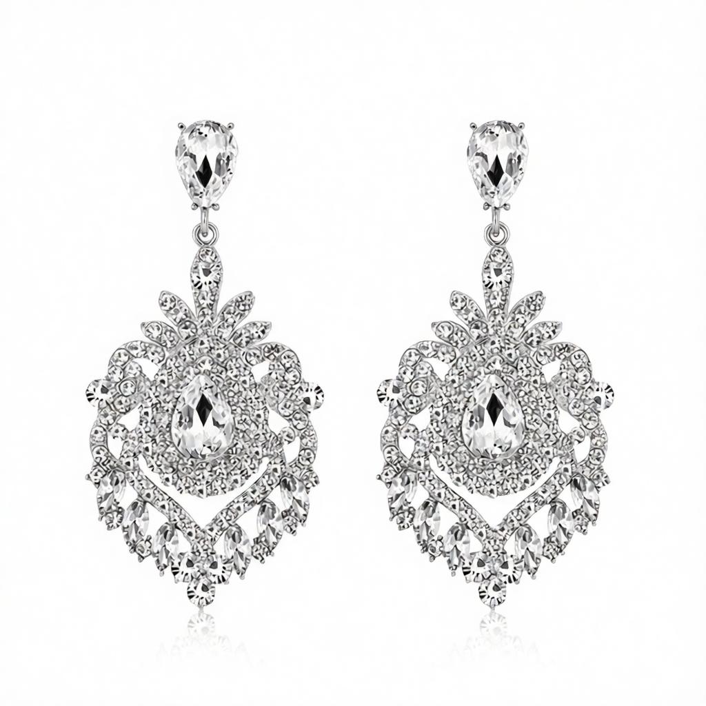 Crystal and Cubic Zirconia Silver-Plated Botanical Drop Earrings, silver drop earrings for women, side view