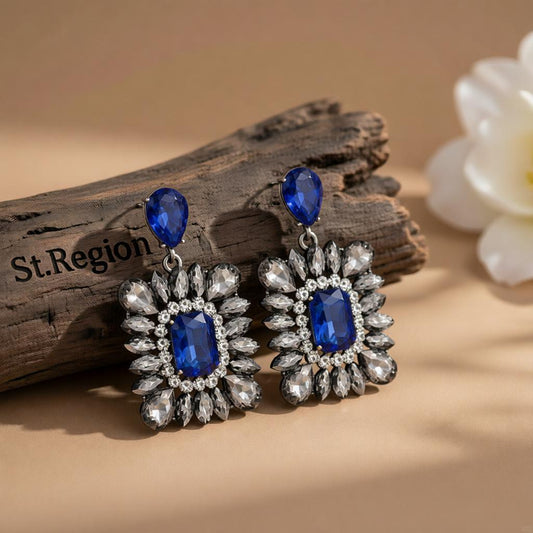 Blue & Cubic Zirconia Rectangle Drop Earrings