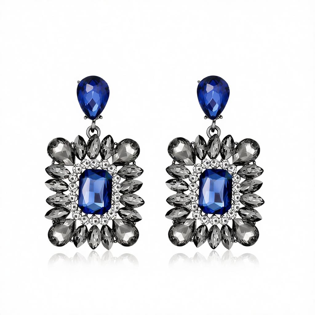 Blue and Cubic Zirconia Rectangle Drop Earrings, drop earrings for women, botanical inspired, side view