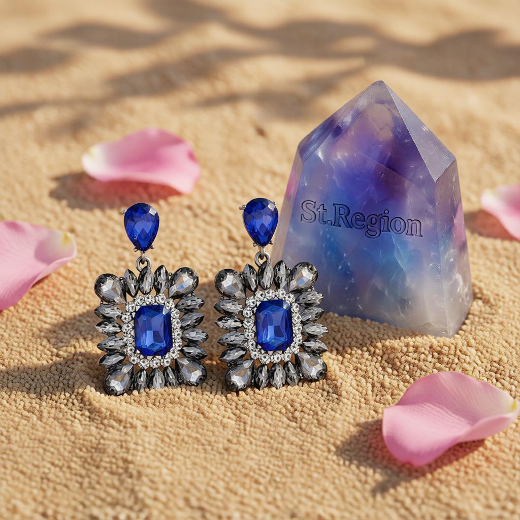Blue and Cubic Zirconia Rectangle Drop Earrings, drop earrings for women, botanical inspired, detail close-up