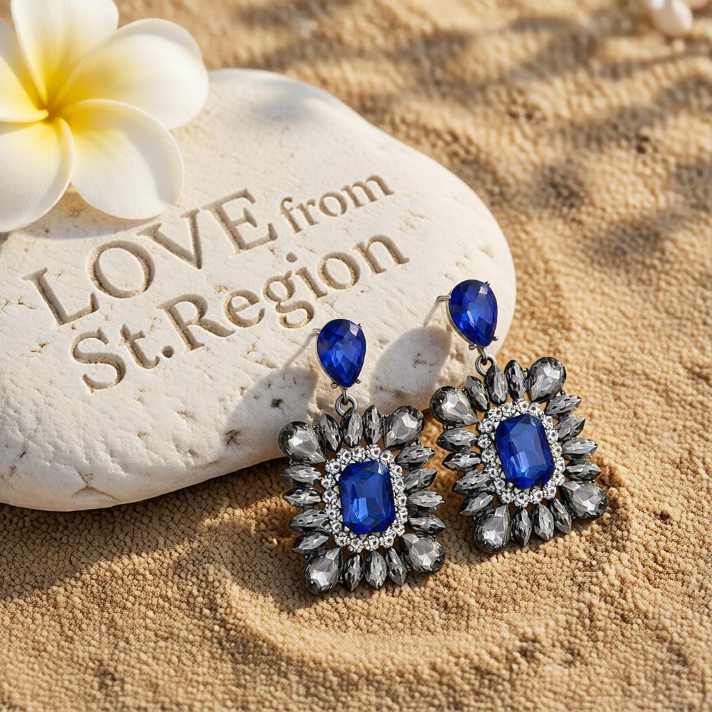 Blue and Cubic Zirconia Rectangle Drop Earrings, drop earrings for women, botanical inspired, lifestyle look
