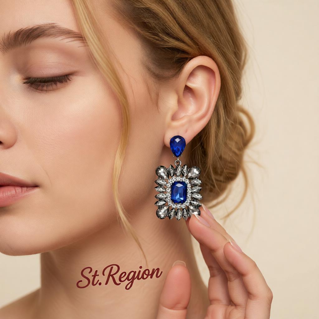 Blue and Cubic Zirconia Rectangle Drop Earrings, drop earrings for women, botanical inspired, styled look