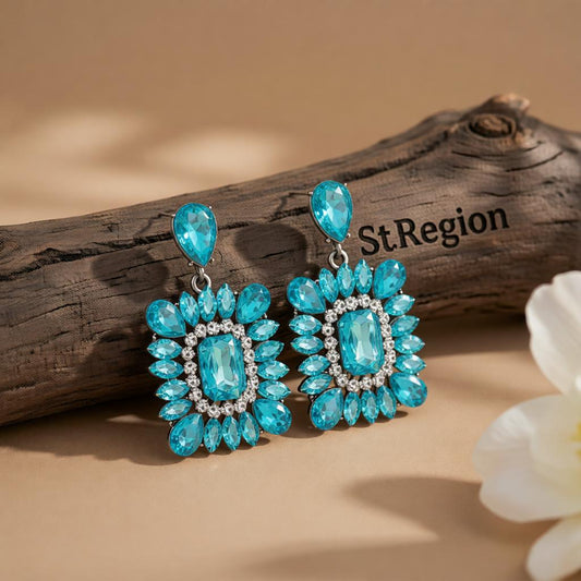 Blue Crystal & Clear Cubic Zirconia Rectangle Drop Earrings