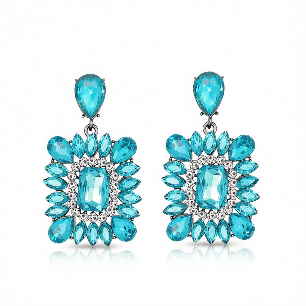 Blue Crystal and Clear Cubic Zirconia Rectangle Drop Earrings, drop earrings for women, side view
