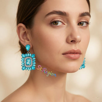 Blue Crystal and Clear Cubic Zirconia Rectangle Drop Earrings, drop earrings for women, styled look