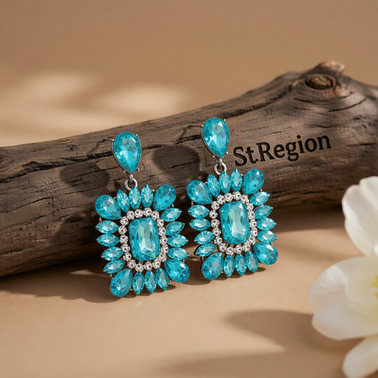 Blue Crystal & Clear Cubic Zirconia Rectangle Drop Earrings