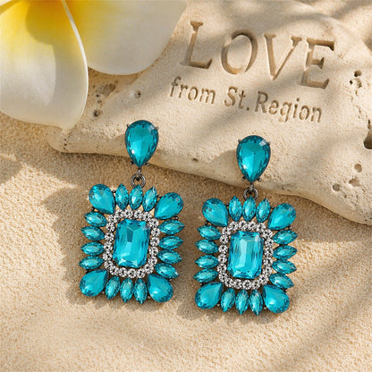 Blue Crystal & Clear Cubic Zirconia Rectangle Drop Earrings