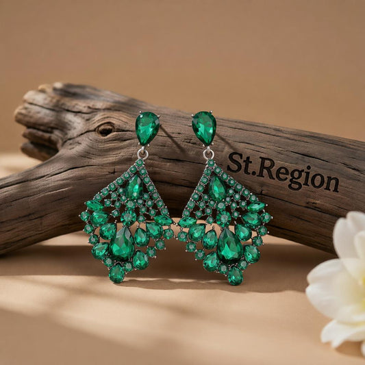 Green & Cubic Zirconia Rhombus Drop Earrings