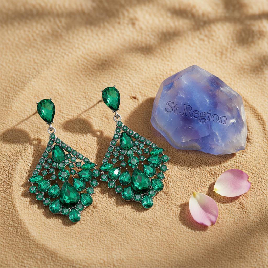Green and Cubic Zirconia Rhombus Drop Earrings, drop earrings for women, everyday style, detail close-up