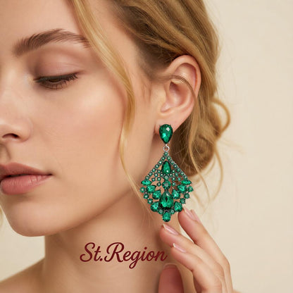 Green and Cubic Zirconia Rhombus Drop Earrings, drop earrings for women, everyday style, styled look