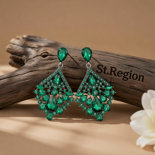 Green & Cubic Zirconia Rhombus Drop Earrings
