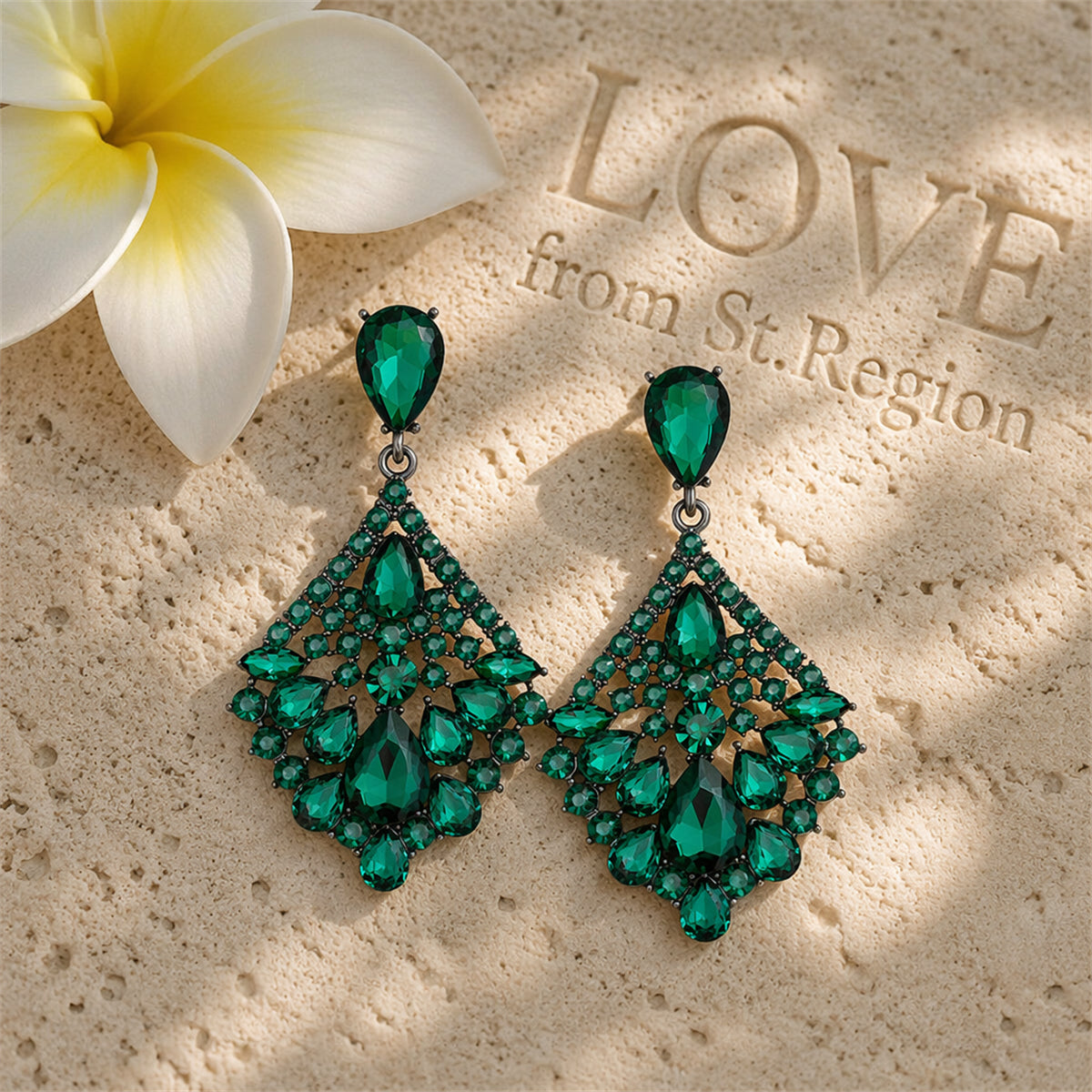 Green & Cubic Zirconia Rhombus Drop Earrings