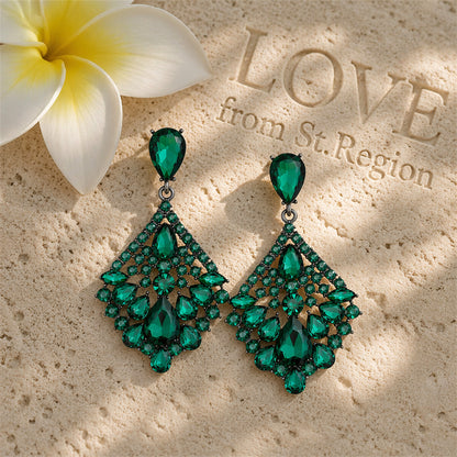 Green & Cubic Zirconia Rhombus Drop Earrings