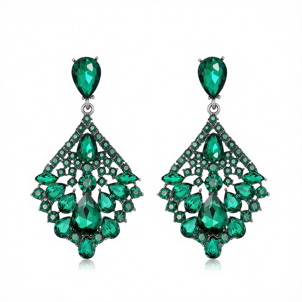 Green & Cubic Zirconia Rhombus Drop Earrings