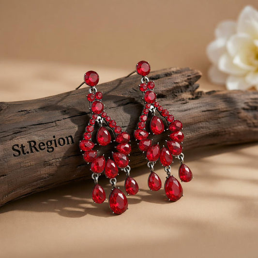 Red & Cubic Zirconia Tiered Teardrop Earrings