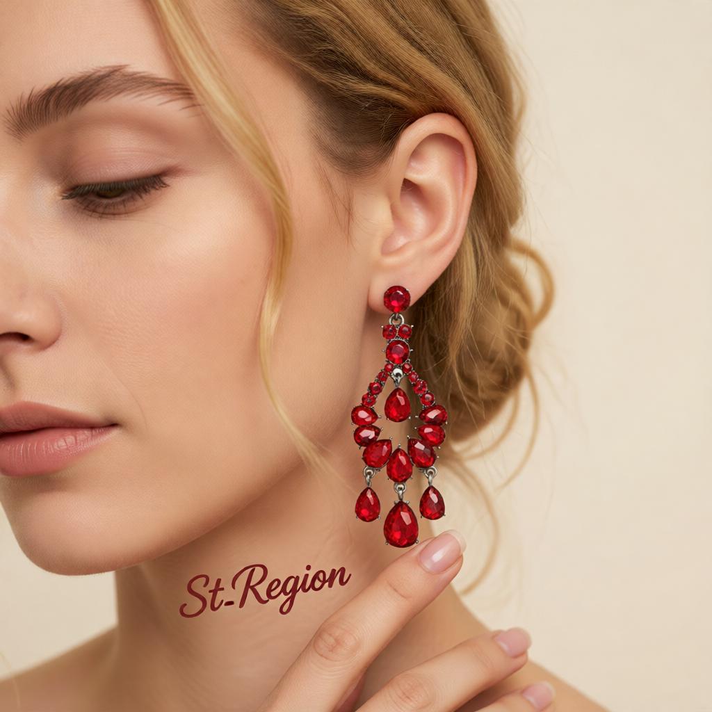 Red & Cubic Zirconia Tiered Teardrop Earrings