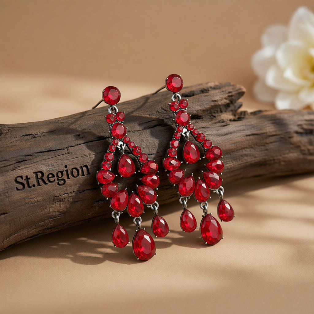 Red & Cubic Zirconia Tiered Teardrop Earrings