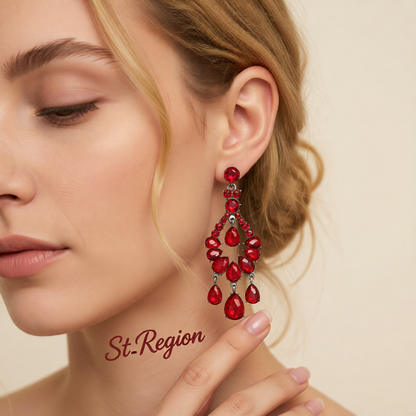 Red & Cubic Zirconia Tiered Teardrop Earrings
