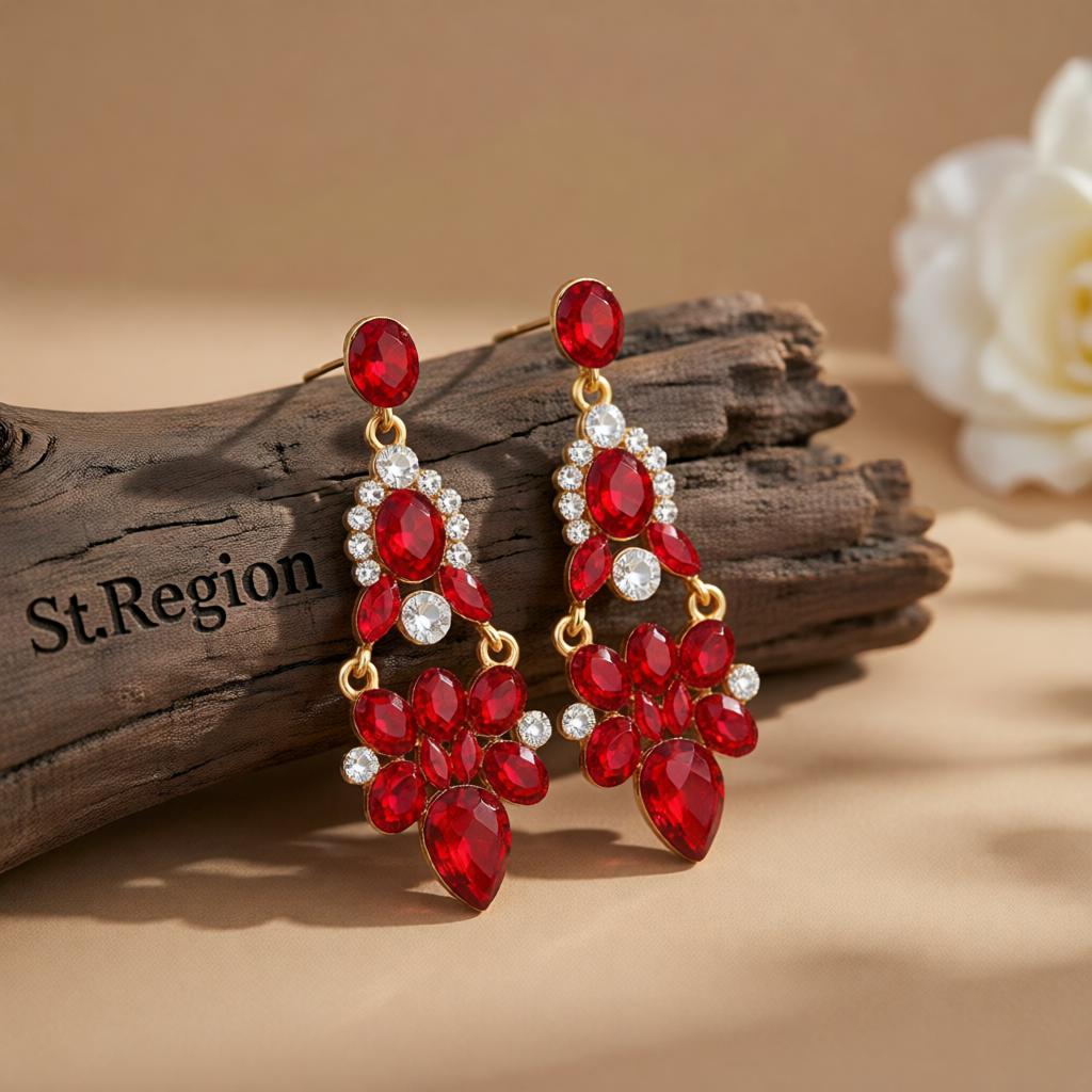 Red Crystal & Cubic Zirconia Cluster Drop Earrings