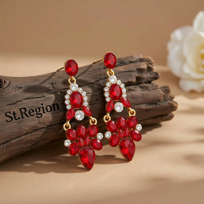 Red Crystal & Cubic Zirconia Cluster Drop Earrings