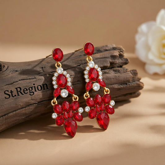 Red Crystal & Cubic Zirconia Cluster Drop Earrings