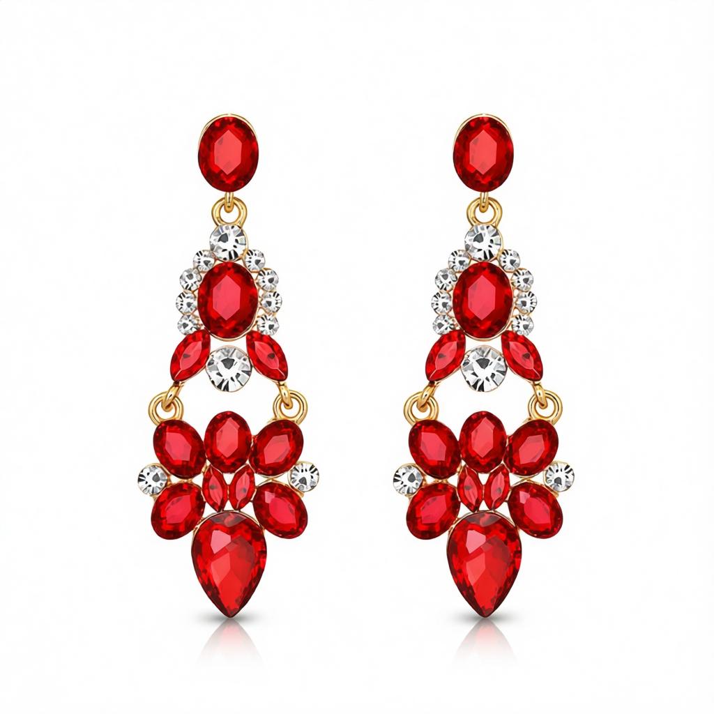 Red Crystal & Cubic Zirconia Cluster Drop Earrings