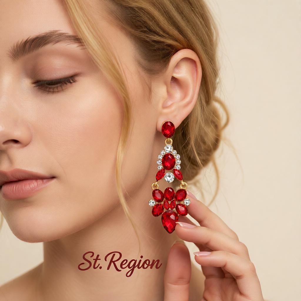 Red Crystal & Cubic Zirconia Cluster Drop Earrings