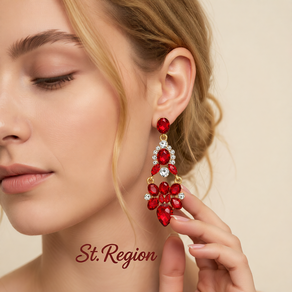 Red Crystal & Cubic Zirconia Cluster Drop Earrings
