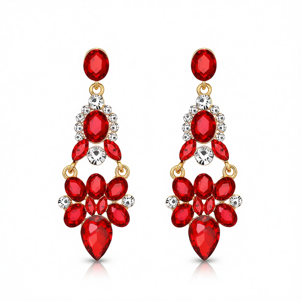 Red Crystal & Cubic Zirconia Cluster Drop Earrings