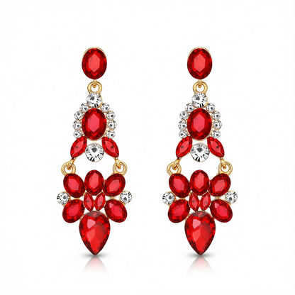 Red Crystal & Cubic Zirconia Cluster Drop Earrings