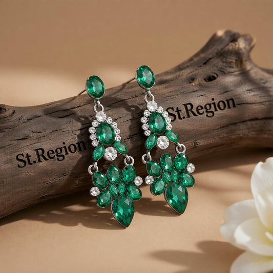 Green & Cubic Zirconia Cluster Drop Earrings