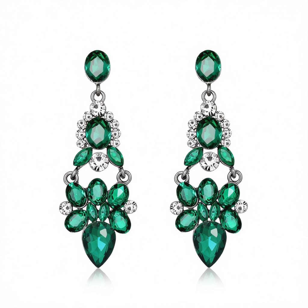 Green & Cubic Zirconia Cluster Drop Earrings