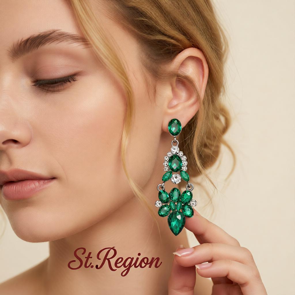 Green & Cubic Zirconia Cluster Drop Earrings