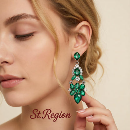 Green & Cubic Zirconia Cluster Drop Earrings