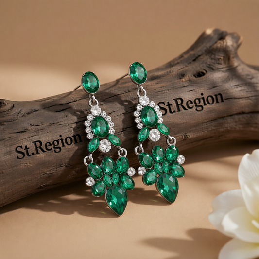 Green & Cubic Zirconia Cluster Drop Earrings