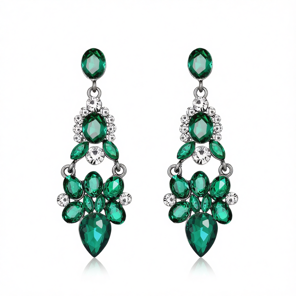 Green & Cubic Zirconia Cluster Drop Earrings