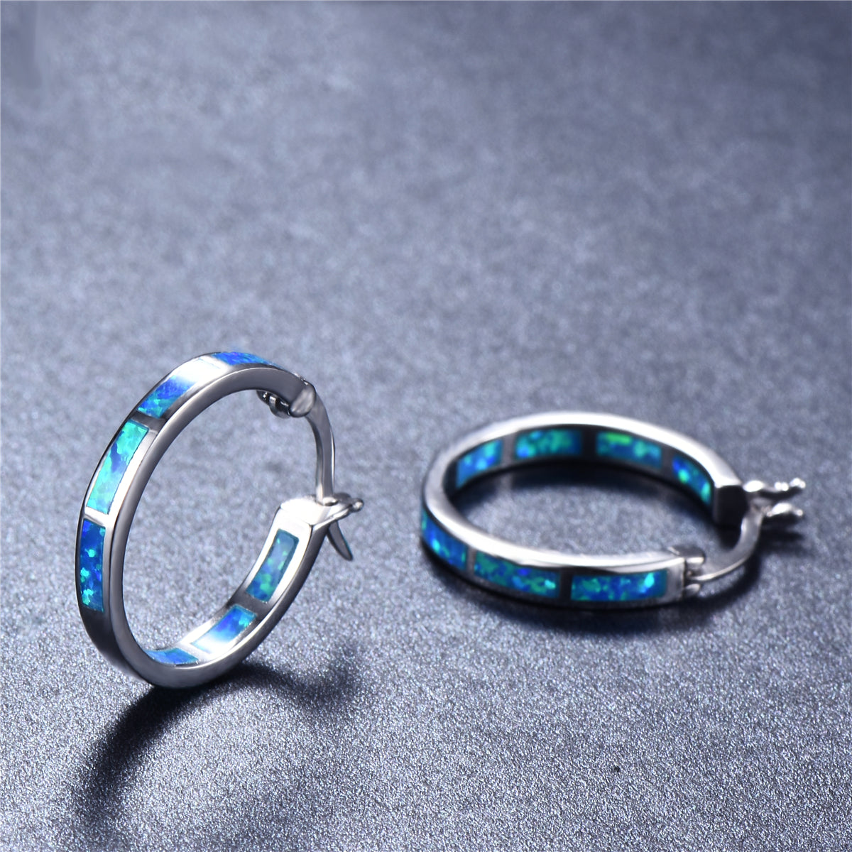 Blue Opal & Silver-Plated Block Channel Hoop Earrings