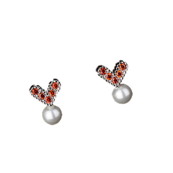 Pearl & Red Cubic Zirconia Heart Stud Earrings
