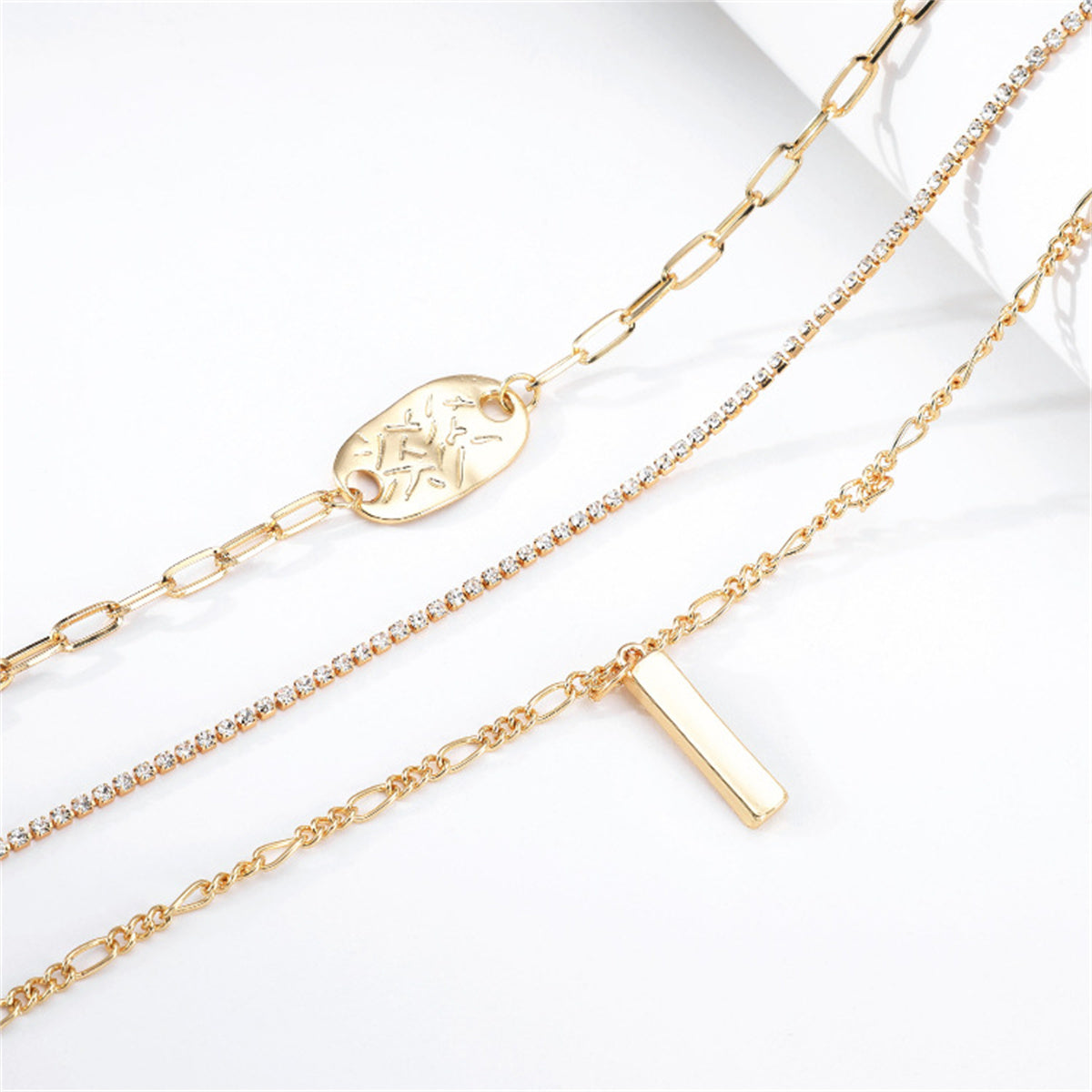 Cubic Zirconia & 18K Gold-Plated Layered Bar Pendant Necklace