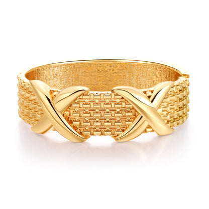 18K Gold-Plated Woven-Textured Double X Hinge Bangle, gold bangle bracelet, everyday style, front view