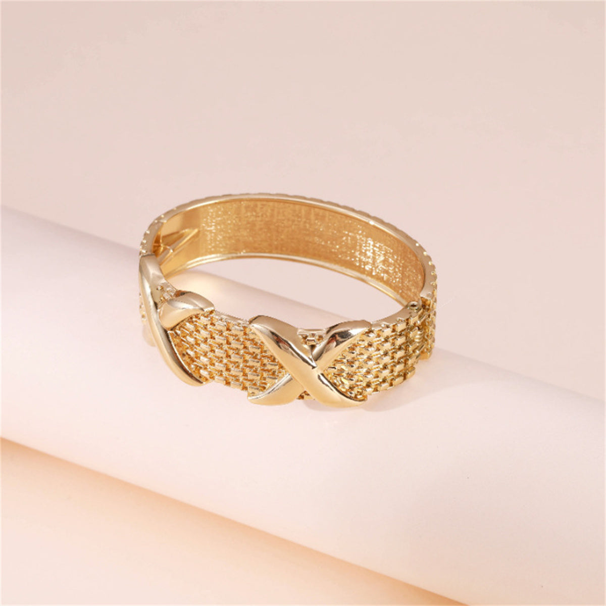 18K Gold-Plated Woven-Textured Double X Hinge Bangle, gold bangle bracelet, everyday style, side view