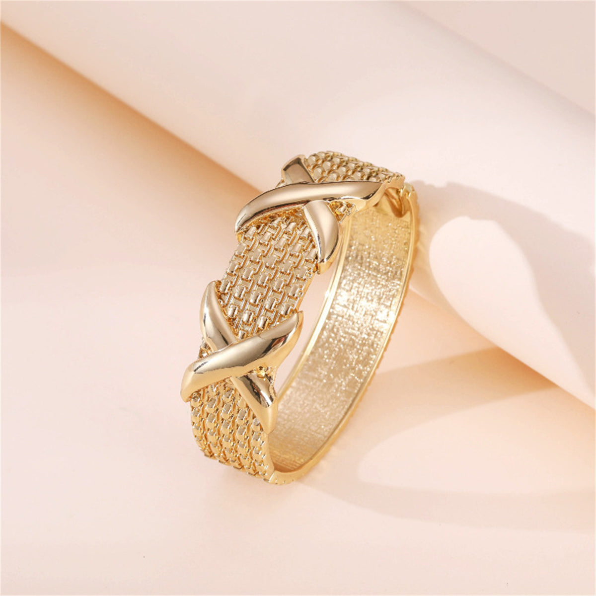 18K Gold-Plated Woven-Textured Double X Hinge Bangle, gold bangle bracelet, everyday style, detail close-up