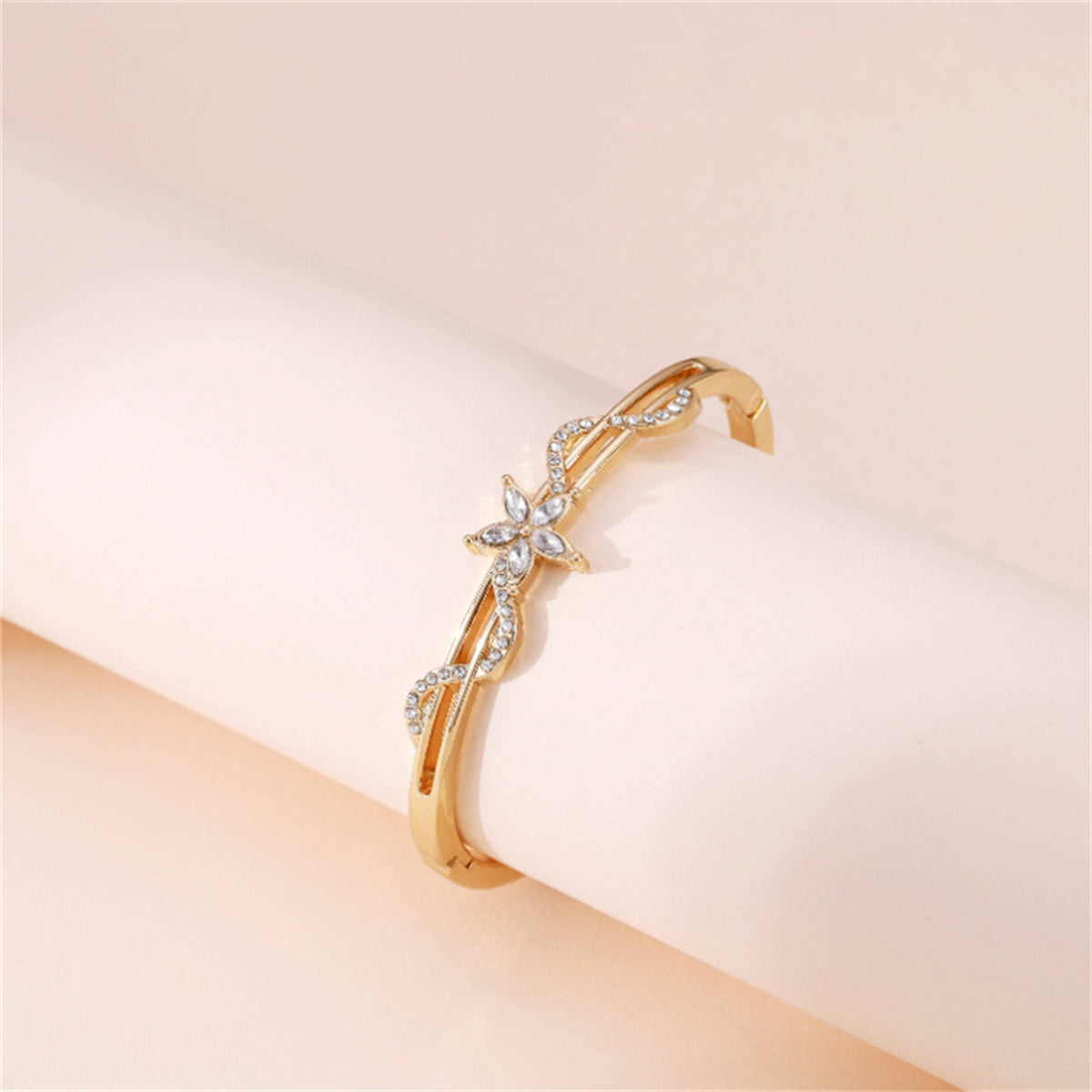 Cubic Zirconia and 18K Gold-Plated Floral Wave Marquise Hinge Bangle, gold bangle bracelet, side view
