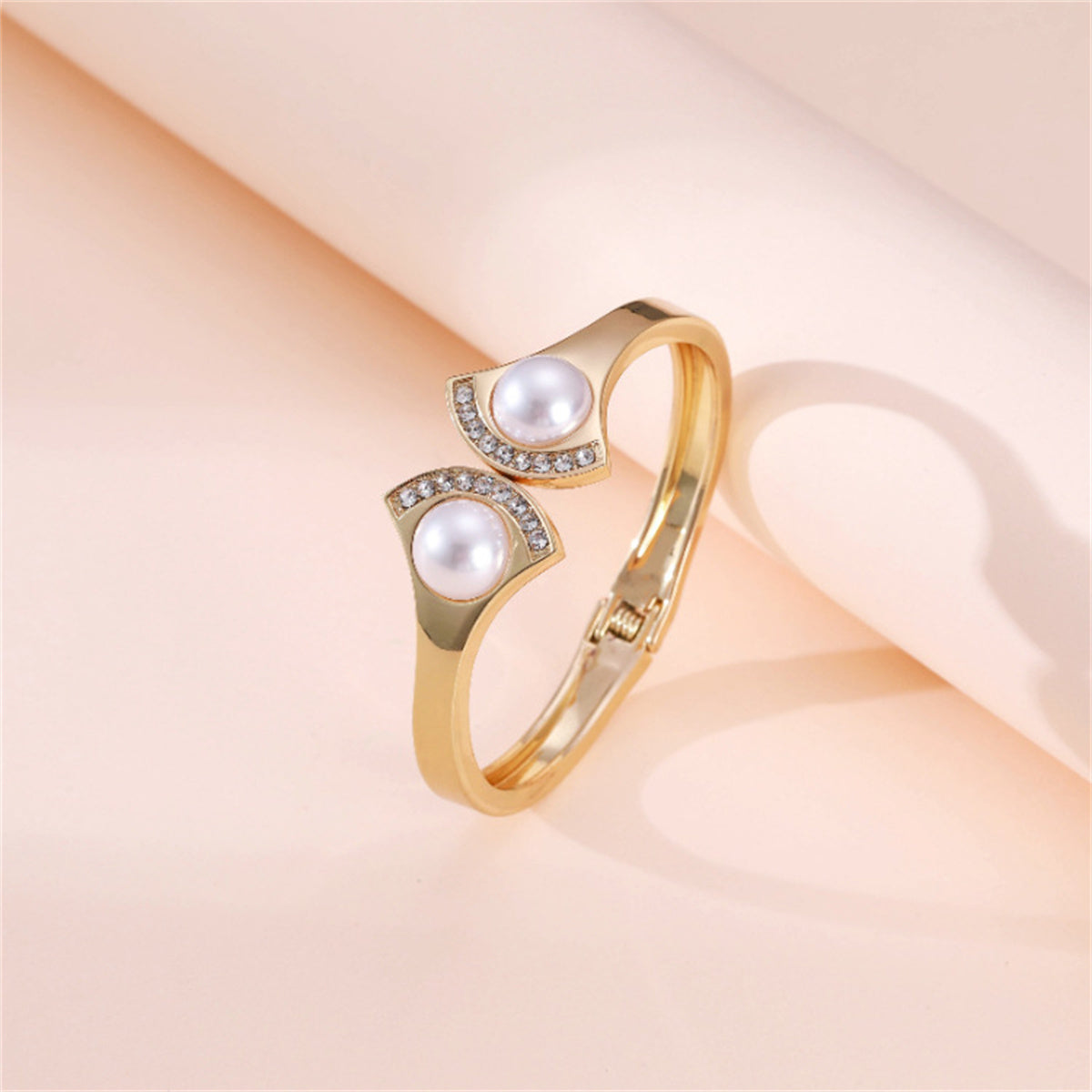 Pearl and Cubic Zirconia 18K Gold-Plated Fan-End Bangle, gold bangle bracelet, everyday style, front view