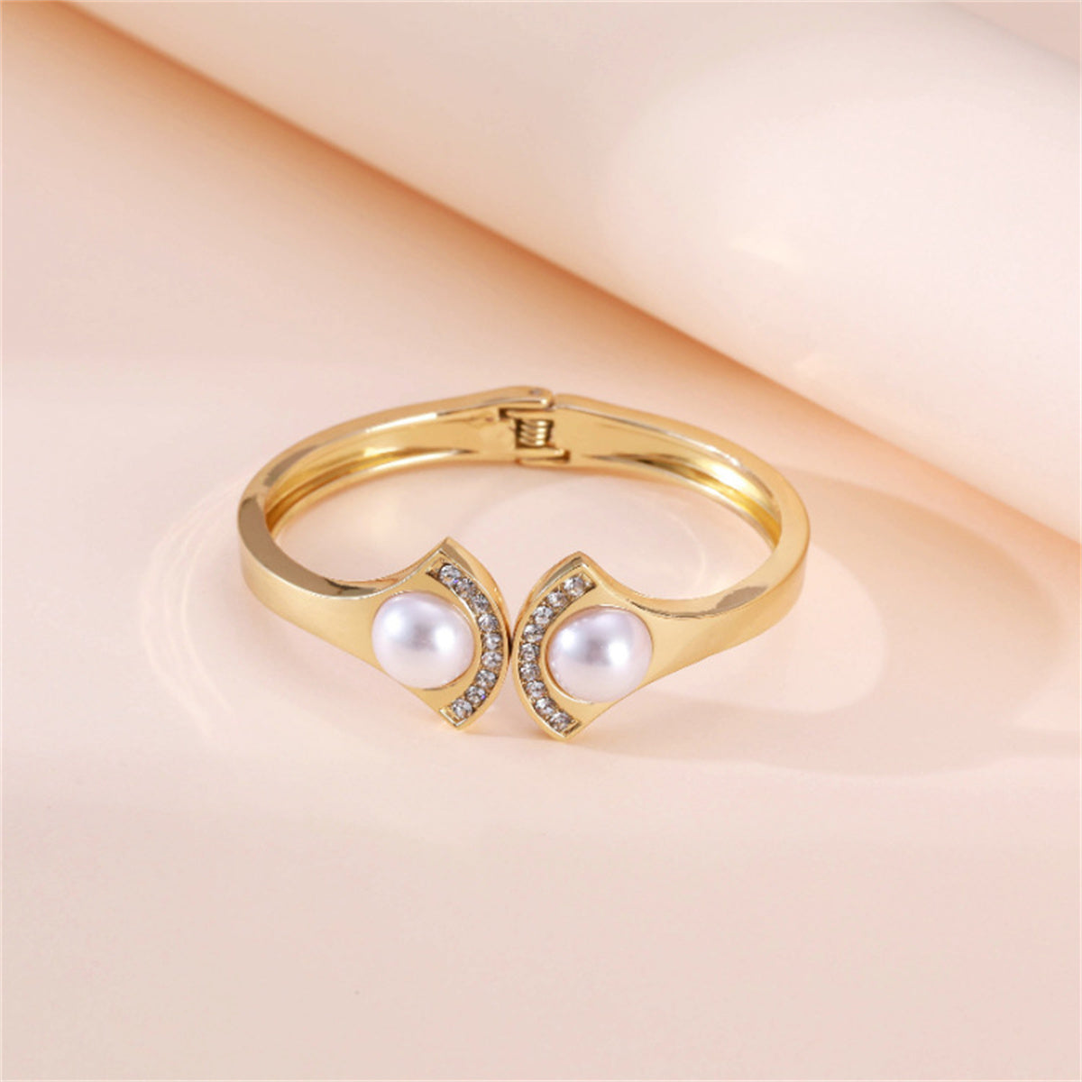 Pearl and Cubic Zirconia 18K Gold-Plated Fan-End Bangle, gold bangle bracelet, everyday style, side view