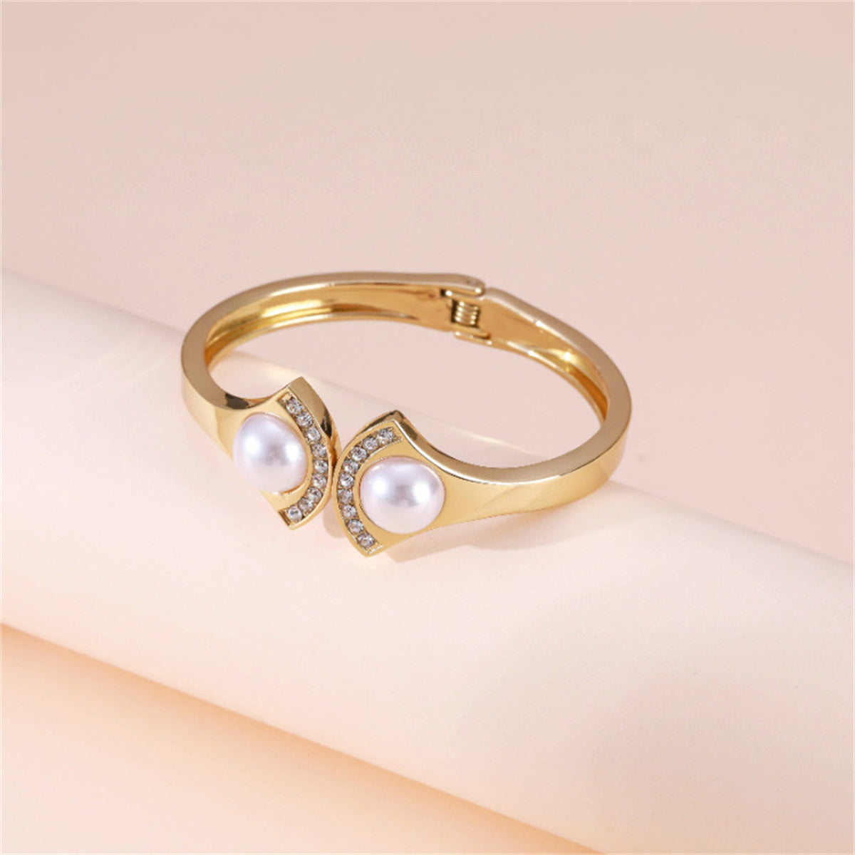 Pearl and Cubic Zirconia 18K Gold-Plated Fan-End Bangle, gold bangle bracelet, everyday style, detail close-up