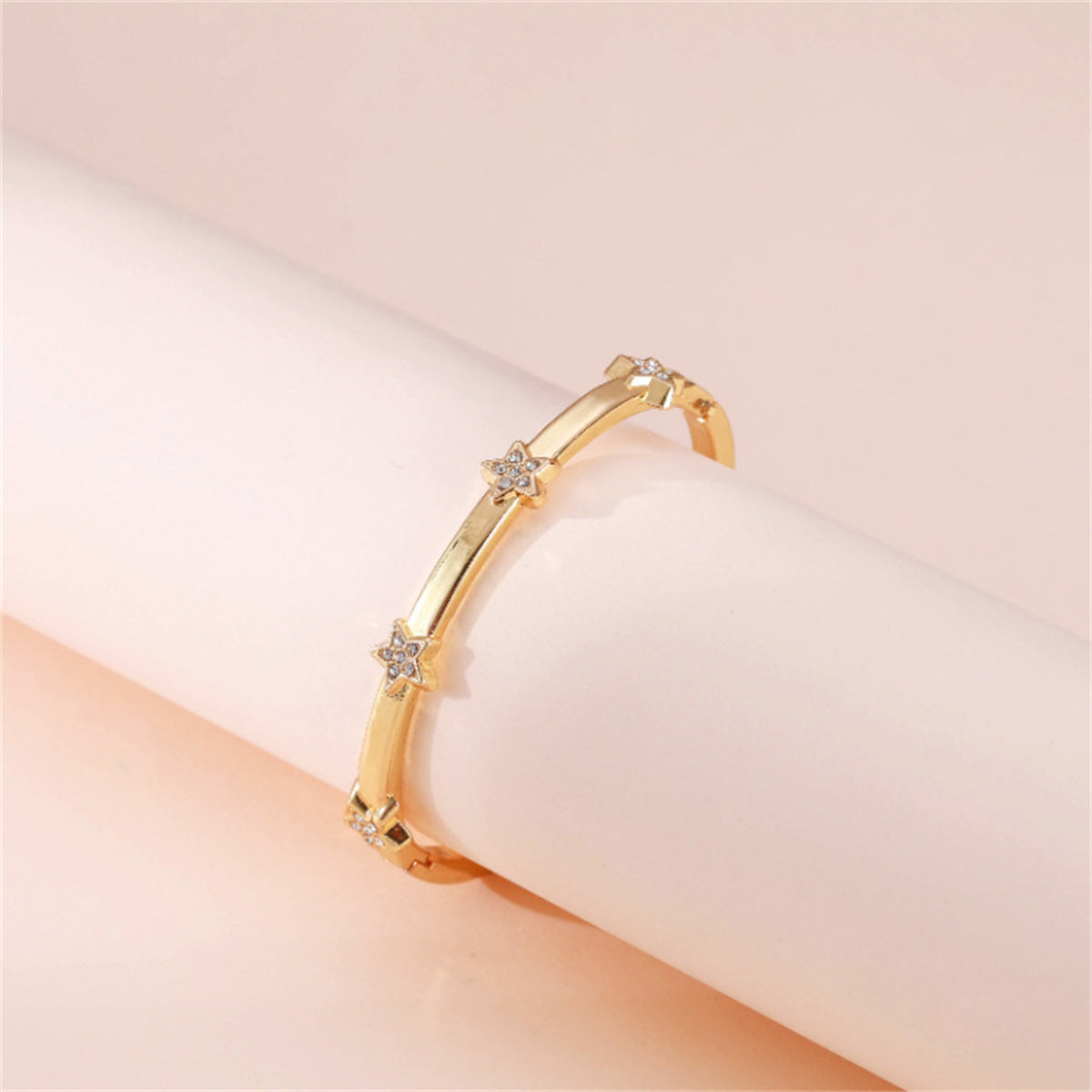 Cubic Zirconia and 18K Gold-Plated Star Station Bangle, gold bangle bracelet, vintage-inspired design, detail close-up