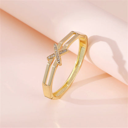 Cubic Zirconia and 18K Gold-Plated Angular X Layered Bangle, gold bangle bracelet, elegant gift for her, side view