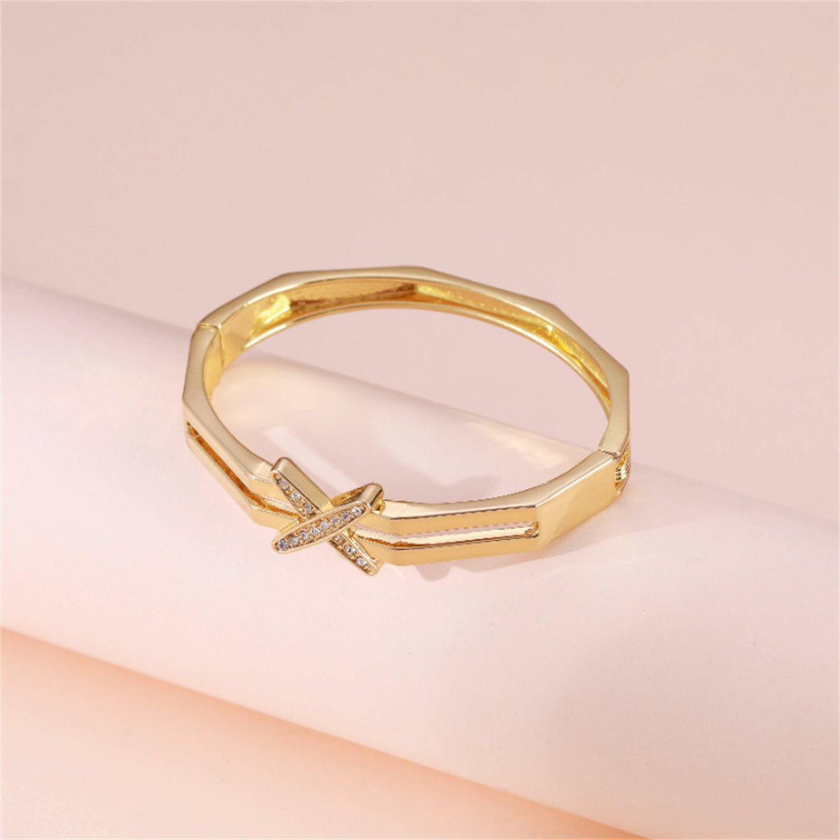 Cubic Zirconia and 18K Gold-Plated Angular X Layered Bangle, gold bangle bracelet, elegant gift for her, detail close-up